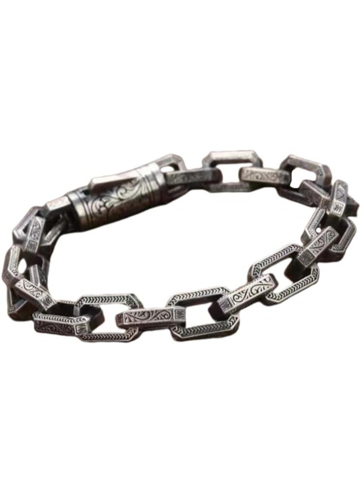 Showday Men’s Stainless Steel Chain Bracelet – Vintage Engraved Link Bracelet, Heavy Duty Silver Tone Jewelry, Classic Fashion Bracelet Gift for Men - Image 1